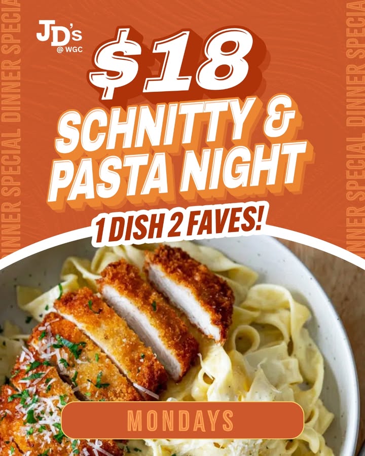 Featured image for “Monday Night Dinner Special: Chicken Schnitty & Pasta at JD’s, Woolooware Golf Club”