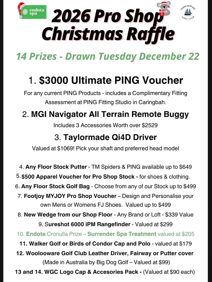Featured image for “2026 Christmas Raffle Now Live at Woolooware Golf Club (Pro Shop)”